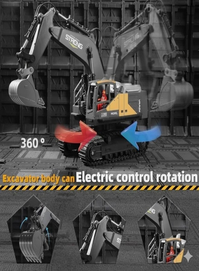 Onecado RC Construction Excavator Toy with 12-Channel Remote Control, Full 360-Degree Rotation, Working LED Lights, Sound and Smoke Effects, Metal Bucket for Kids Above 6 Years - Image 3
